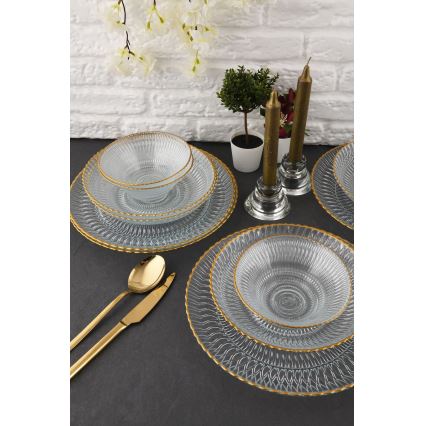 12-teiliges Ess-Set, transparent/goldfarben, aus Glas