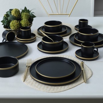 20-teiliges Tafelservice in Schwarz/Gold aus Steingut