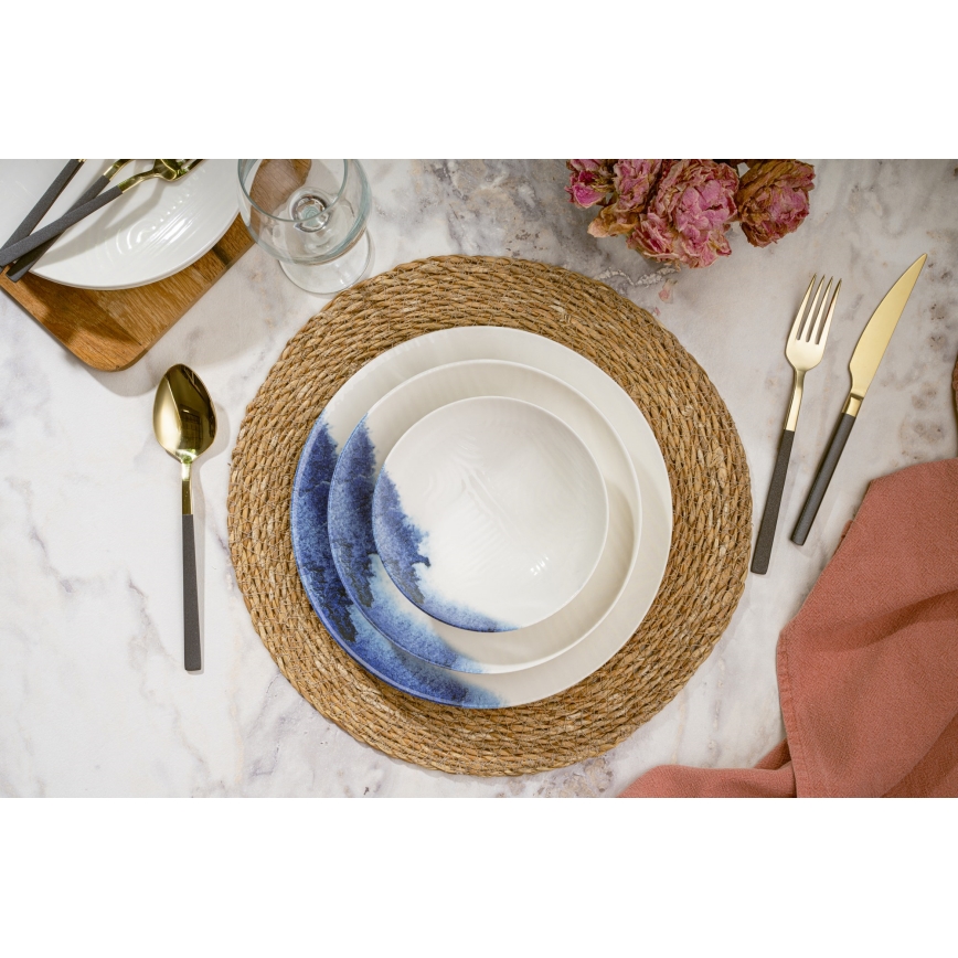 24-teiliges Speiseservice creme/blau/Porzellan