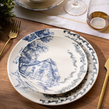 24‑teiliges Tafelservice aus Porzellan, weiß/blau