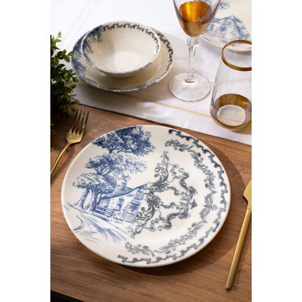 24‑teiliges Tafelservice aus Porzellan, weiß/blau