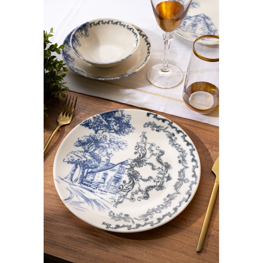 24‑teiliges Tafelservice aus Porzellan, weiß/blau