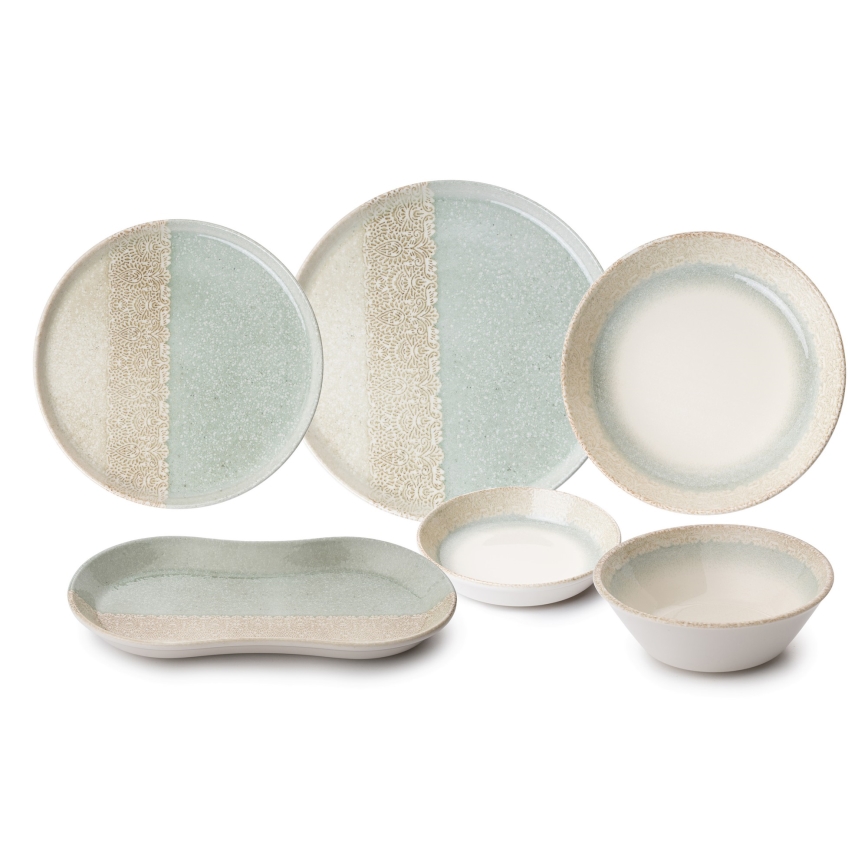 27-teiliges Porzellan-Essservice in Beige und Grün