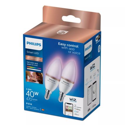 Set 2x Philips SMART LED RGB, dimmbar, C37, E14, 4,9 W, 230 V, 2200–6500 K, CRI 90