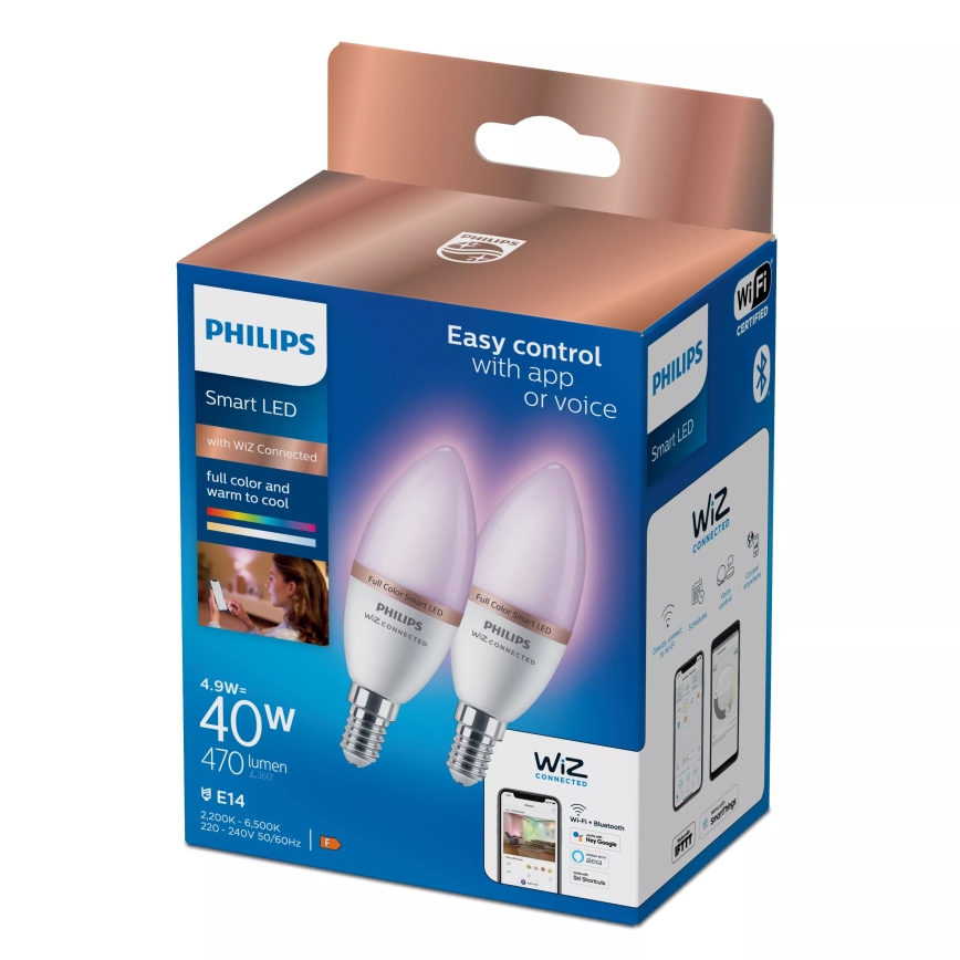 Set 2x Philips SMART LED RGB, dimmbar, C37, E14, 4,9 W, 230 V, 2200–6500 K, CRI 90