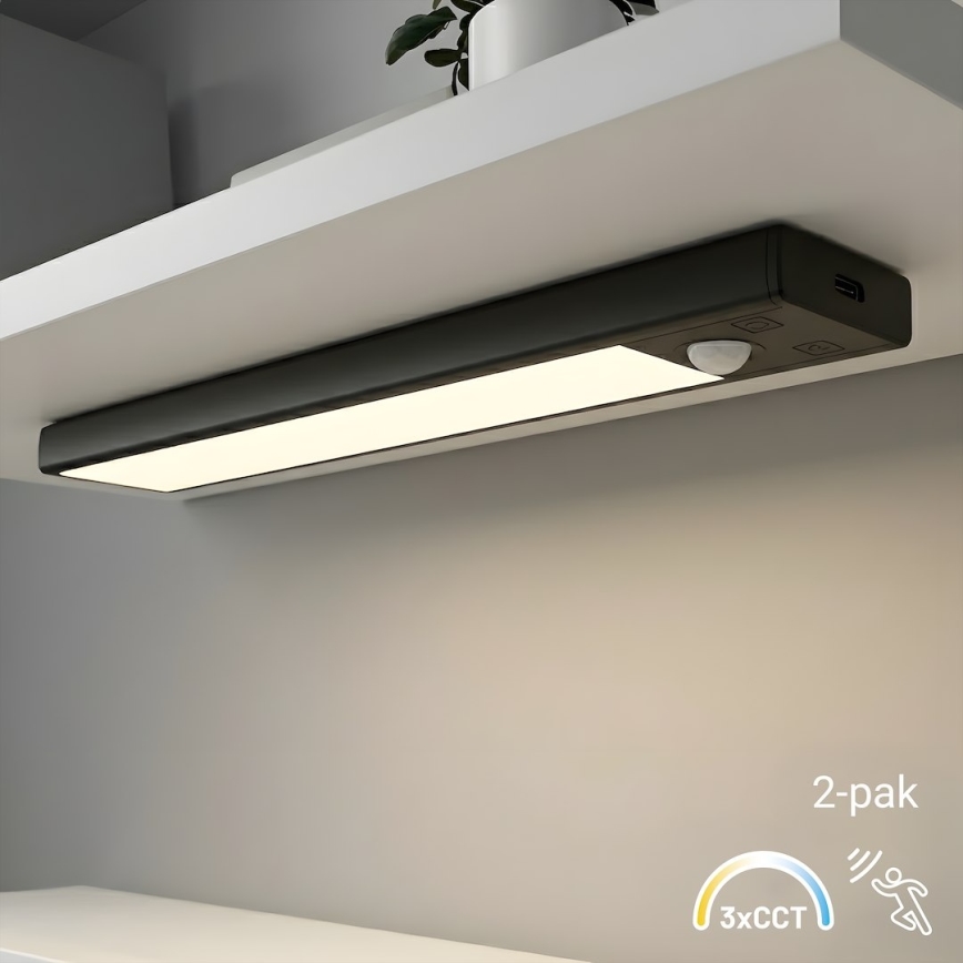 SET 2x wiederaufladbare LED-Möbelbeleuchtung mit Bewegungs- und Dämmerungssensor VIRO LED/1W/3,7V 800 mAh 3000/4000/6500K 20 cm schwarz