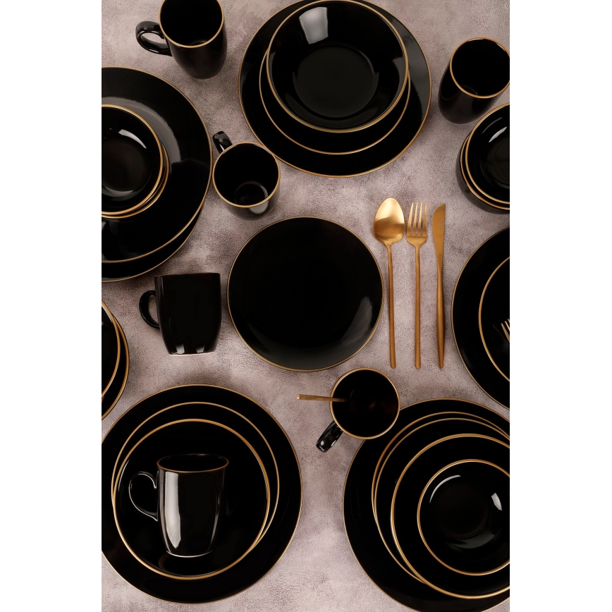 30-teiliges Tafelservice, schwarz/gold, aus Steinzeug