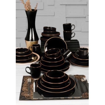 30-teiliges Tafelservice, schwarz/gold, aus Steinzeug