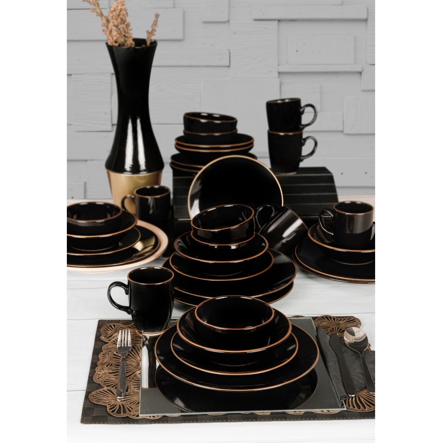 30-teiliges Tafelservice, schwarz/gold, aus Steinzeug