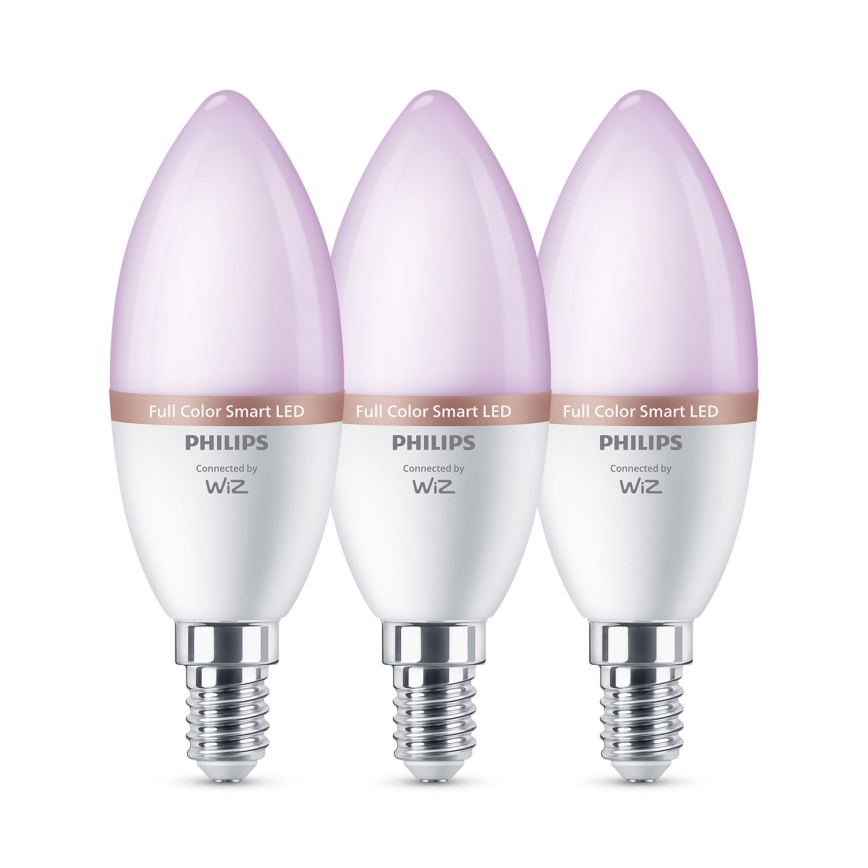 3er-Set dimmbarer LED-RGB-Glühbirnen Philips SMART C37 E14/4,9W/230V 2200–6500K CRI 90