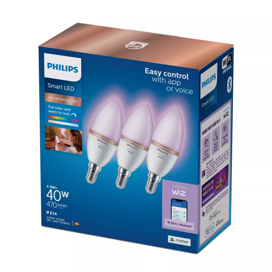 3er-Set dimmbarer LED-RGB-Glühbirnen Philips SMART C37 E14/4,9W/230V 2200–6500K CRI 90
