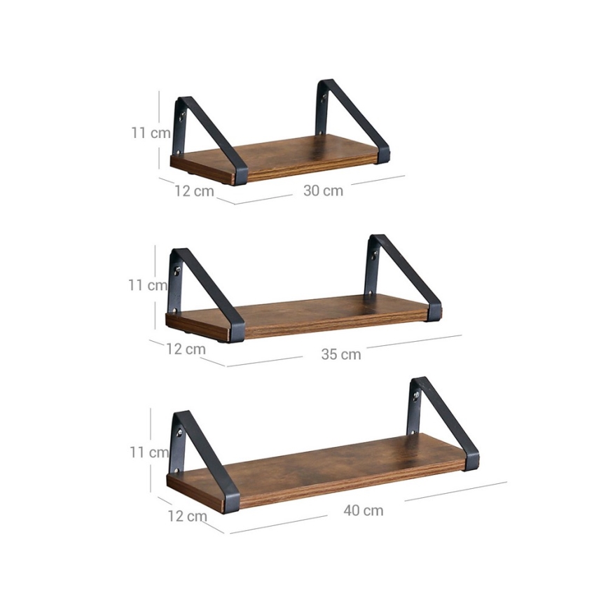 3er-Set Wandregale SHELFY, Braun/Schwarz