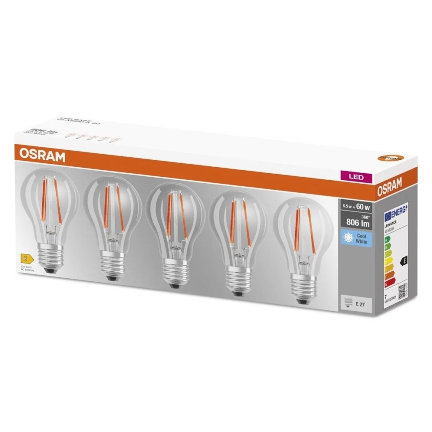5er-Set LED-Lampe BASE CLASSIC FILAMENT A60 E27/7W/230V 4000K - Osram