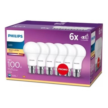 6er-Set Philips LED-Lampe A60 B22, 13 W, 230 V, 2700 K