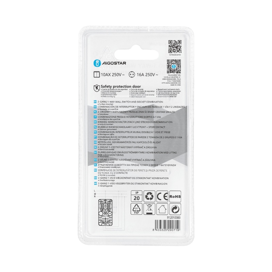 Aigostar - Haus-Schalter 2P mit Steckdose 1x10A/250V SCHUKO