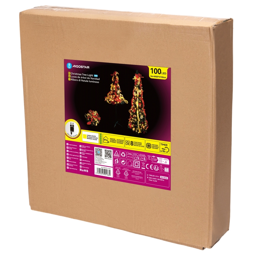 Aigostar - Albero di Natale LED da esterno 100 luci, 1,5 m, IP44, rosso/oro/bianco caldo