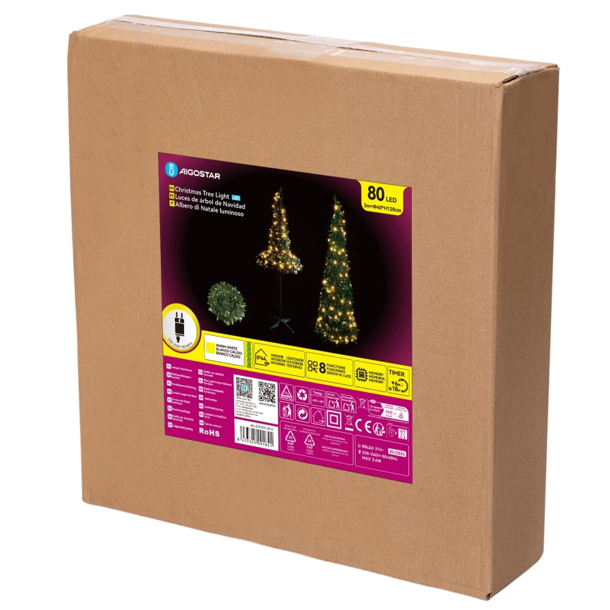 Aigostar - LED Albero di Natale da esterno 80 LED 1,2 m IP44 verde, bianco caldo