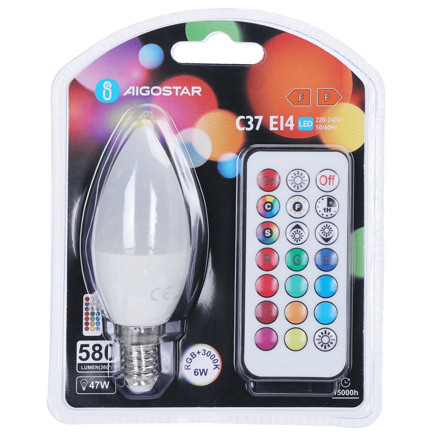 Aigostar - Ampoule LED RGBW dimmable C37 E14/6W/230V 3000K + télécommande