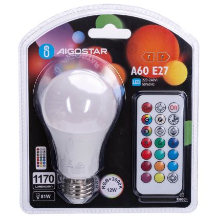 Aigostar - Ampoule LED RGBW dimmable E27/12W/230V 3000K + télécommande
