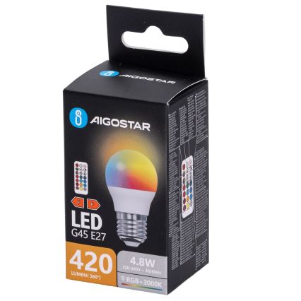 Aigostar - Ampoule LED RGBW dimmable G45 E27/4,8W/230V 3000K + télécommande