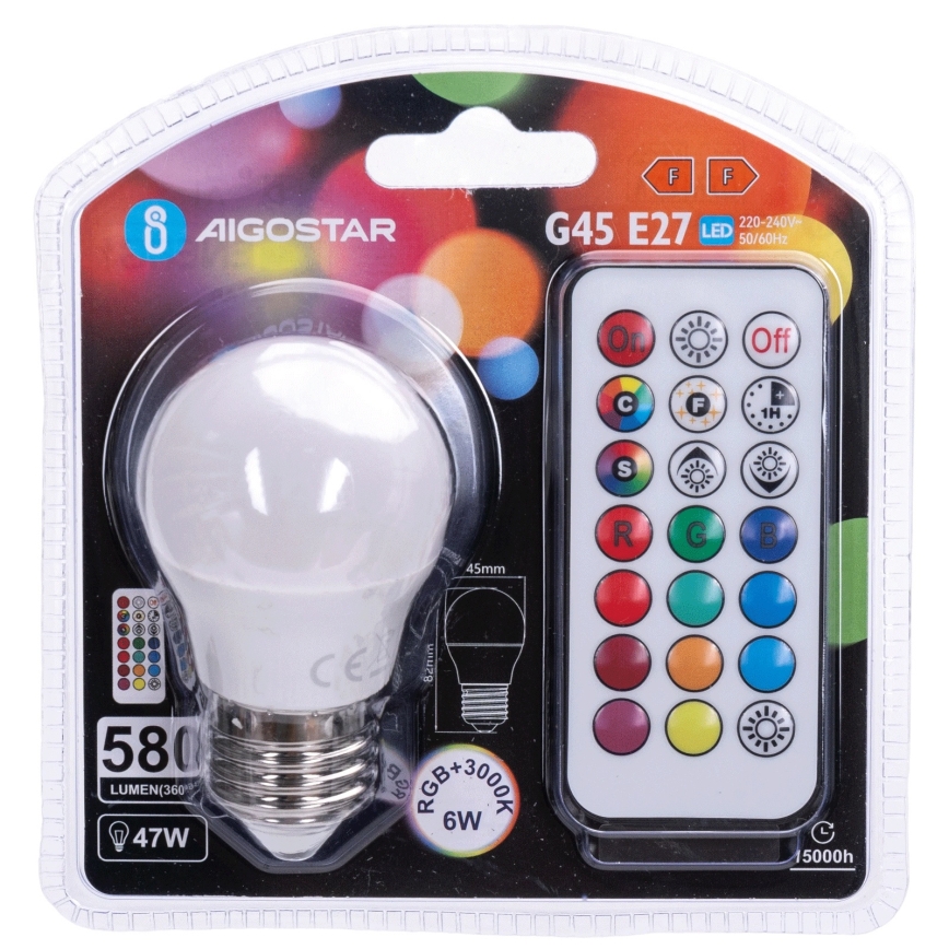 Aigostar - Ampoule LED RGBW dimmable G45 E27/6W/230V 3000K + télécommande