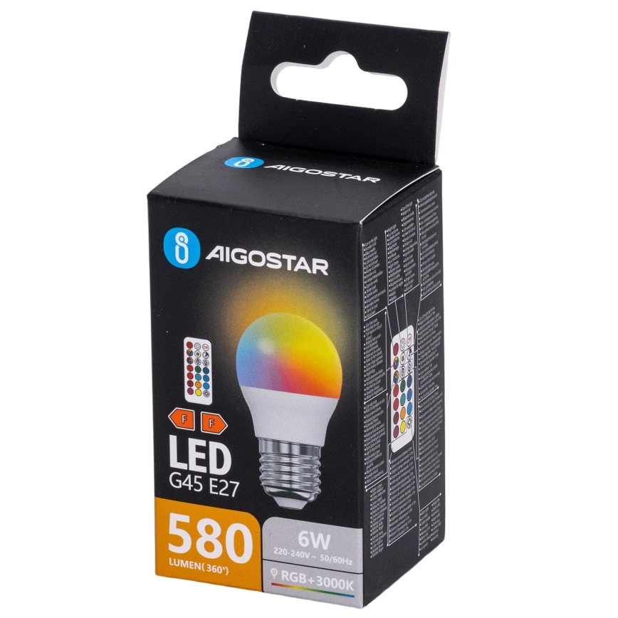 Aigostar - Ampoule LED RGBW dimmable G45 E27/6W/230V 3000K + télécommande