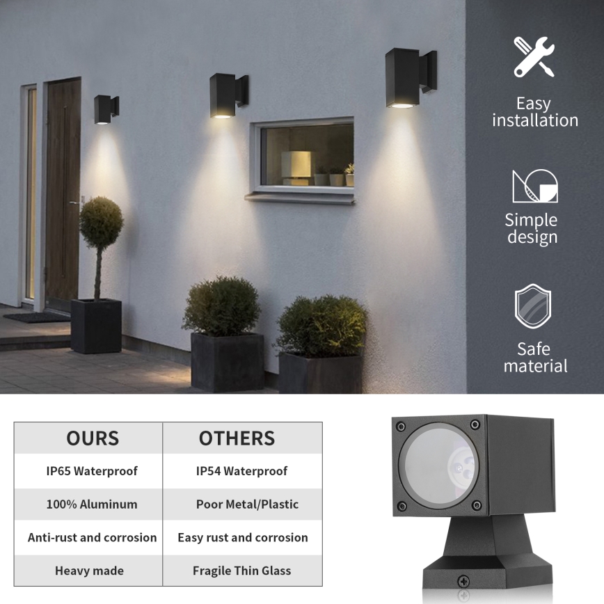 Aigostar - Applique murale extérieure 1xGU10/230V noir IP65 carré