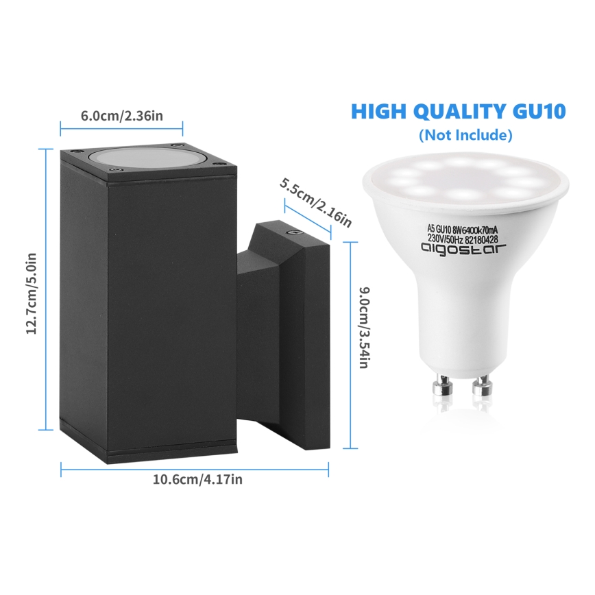 Aigostar - Applique murale extérieure 1xGU10/230V noir IP65 carré