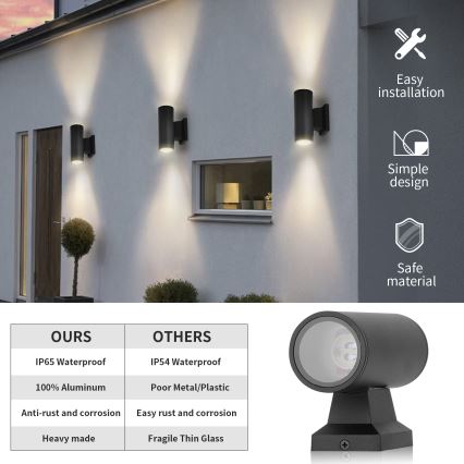 Aigostar - Applique murale extérieure 2xGU10/230V noir IP65 arrondi