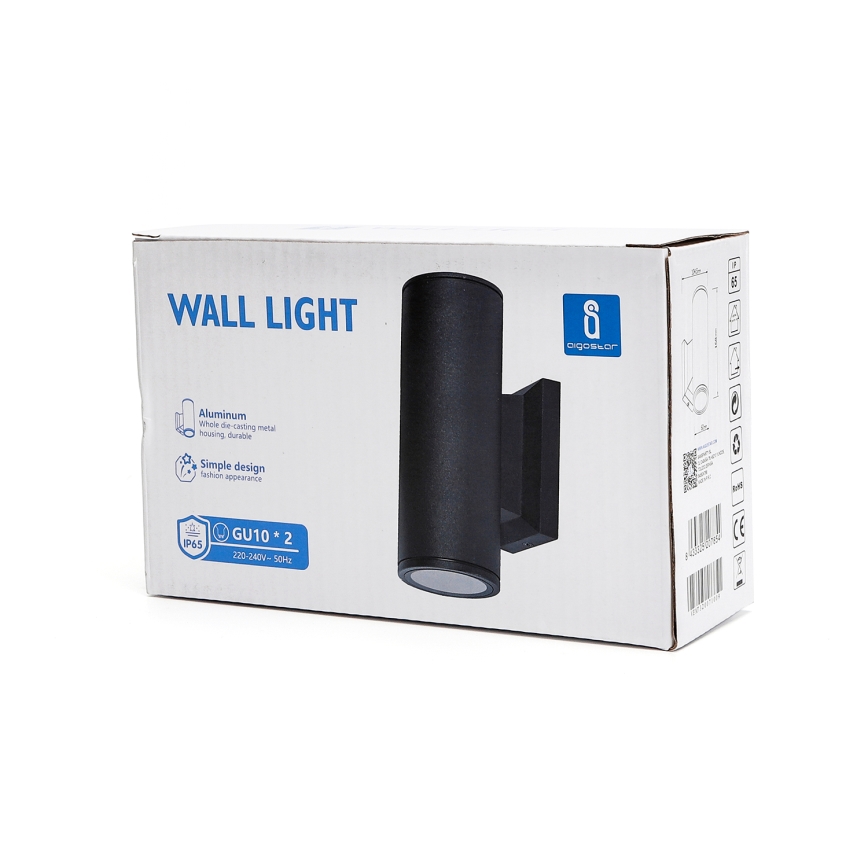 Aigostar - Applique murale extérieure 2xGU10/230V noir IP65 arrondi
