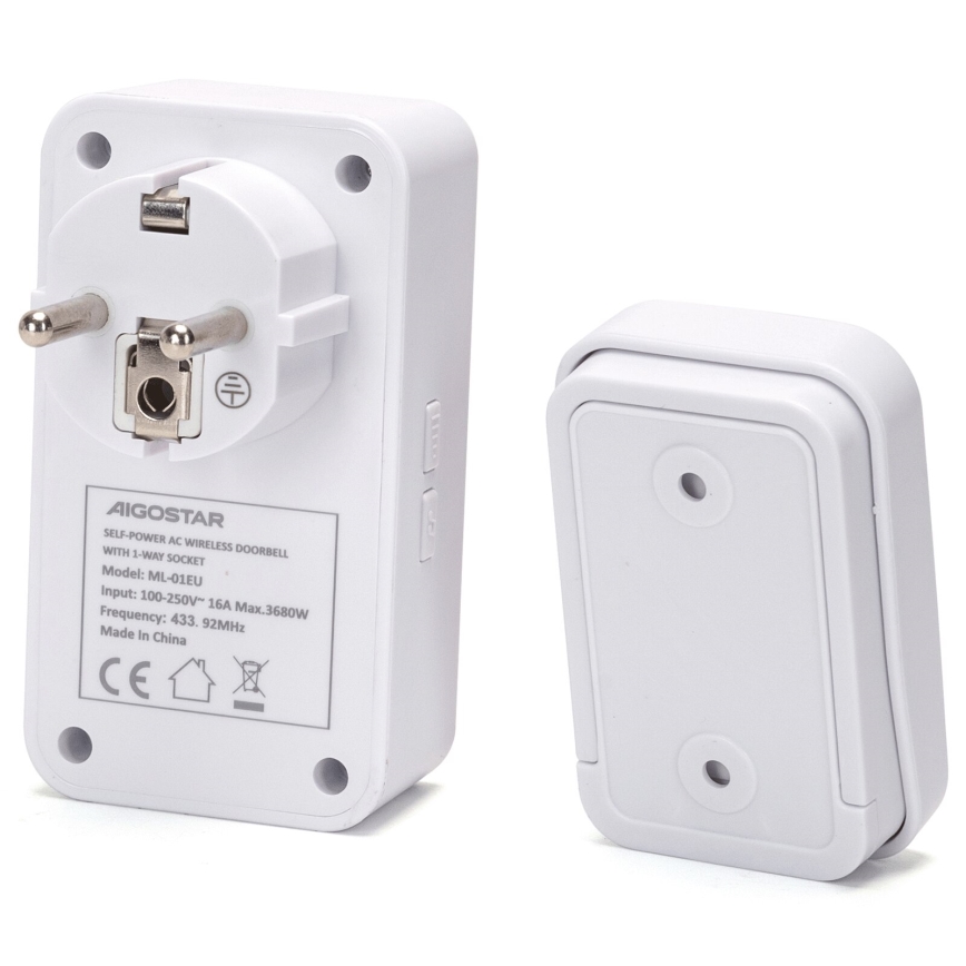 Aigostar - Campanello wireless con spina integrata 1Z 230V IPX4 bianco