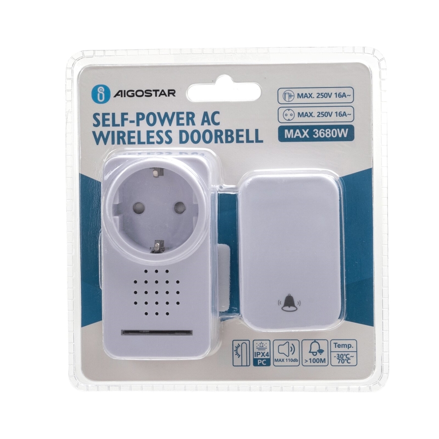 Aigostar - Campanello wireless con spina integrata 1Z 230V IPX4 bianco