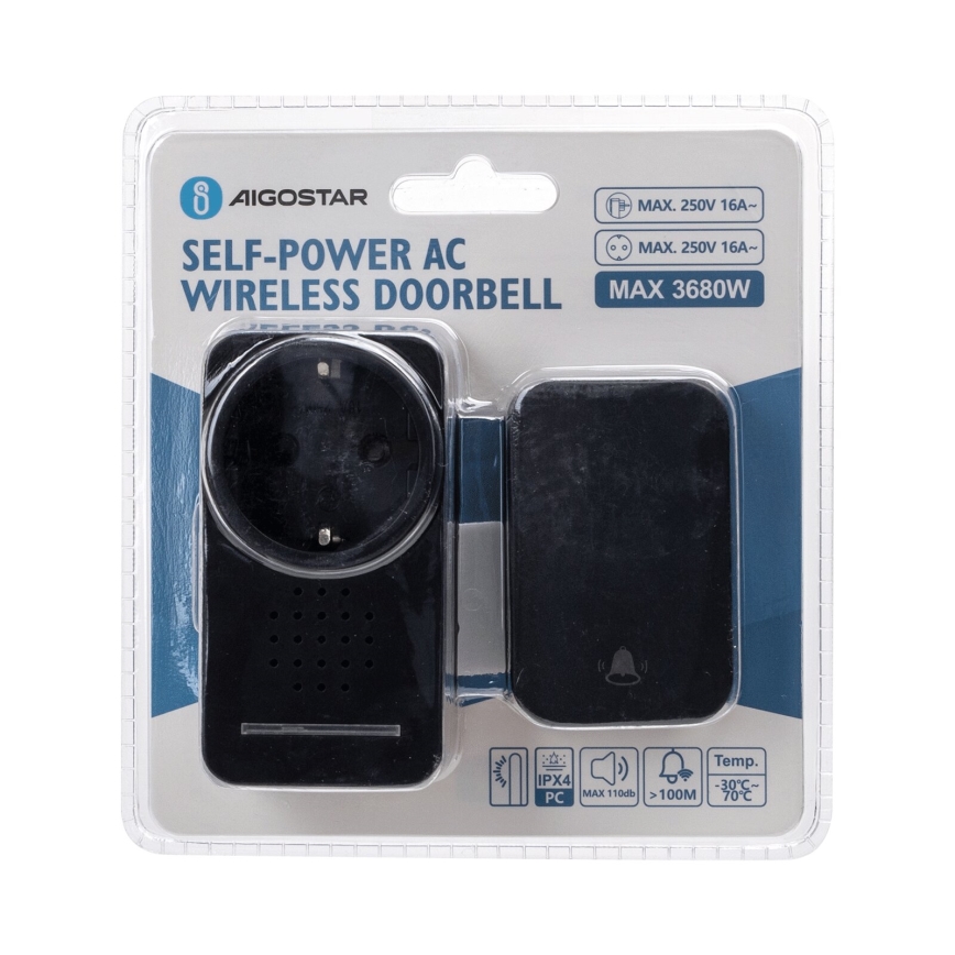 Aigostar - Campanello wireless con spina integrata 1Z 230V IPX4 nero