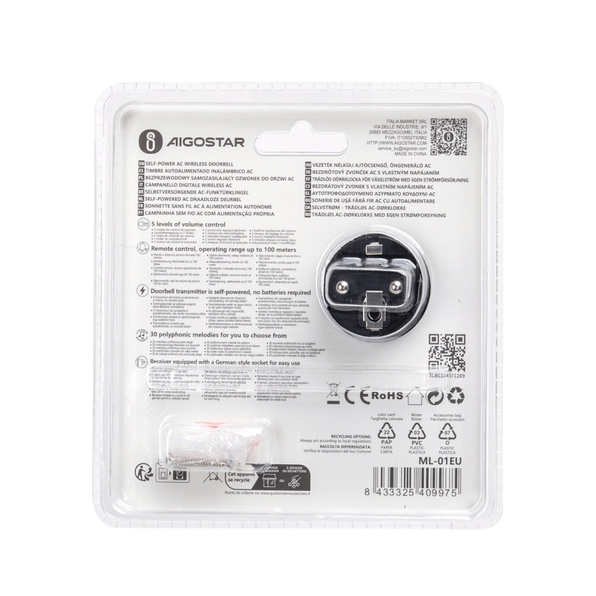 Aigostar - Campanello wireless con spina integrata 1Z 230V IPX4 nero