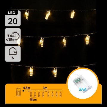 Aigostar - Catena decorativa con mollette 20xLED/3xAA 3,3m bianco caldo