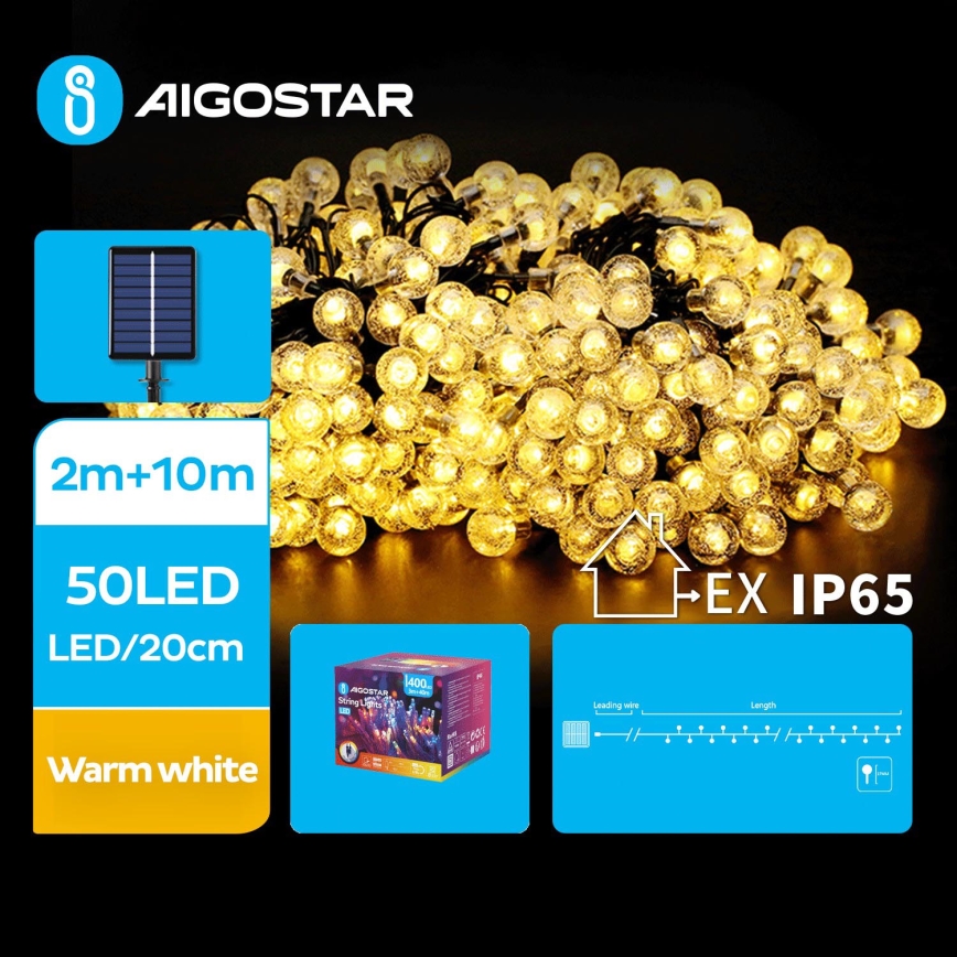 Aigostar - Catena decorativa solare a LED 50xLED/8 funzioni 12m IP65 bianco caldo
