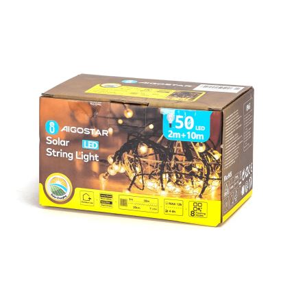 Aigostar - Catena decorativa solare a LED 50xLED/8 funzioni 12m IP65 bianco caldo