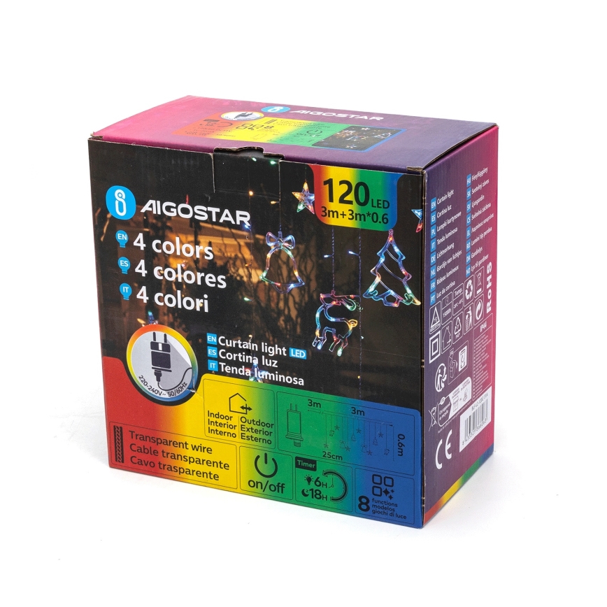 Aigostar - LED RGBY Catena luminosa natalizia per esterni 120xLED/8 funzioni 3x0,6m IP44 multicolore + telecomando