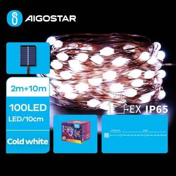 Aigostar - Catena di Natale solare a LED 100xLED/8 funzioni 12m IP65 bianco freddo