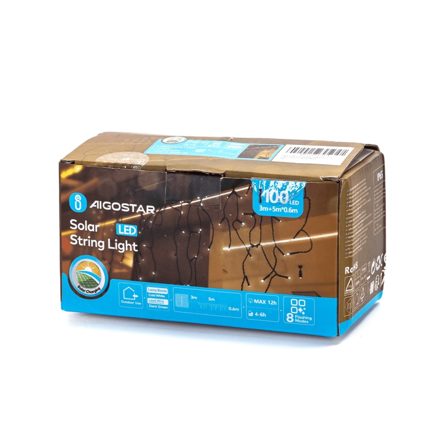 Aigostar - Catena di Natale solare a LED 100xLED/8 funzioni 8x0,6m 500 mAh IP65 bianco freddo