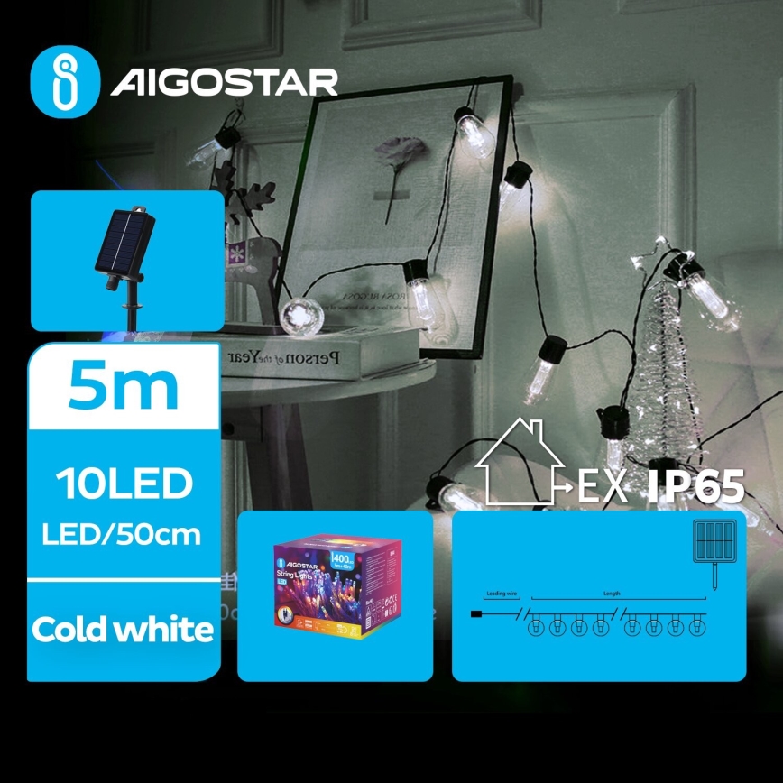 Aigostar - Catena di Natale solare a LED 10xLED/8 funzioni 6,5m IP65 bianco freddo