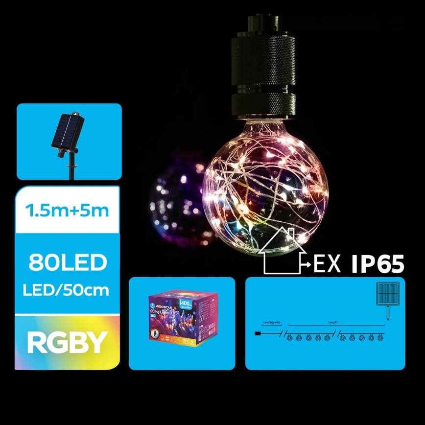 Aigostar - Catena di Natale solare a LED 10xLED/8 funzioni 6,5m IP65 multicolore