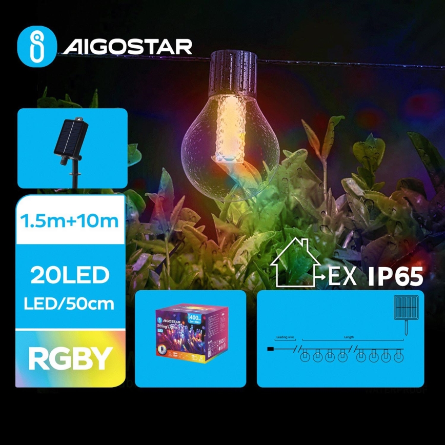 Aigostar - Catena di Natale solare a LED 20xLED/8 funzioni 11,5m IP65 multicolore