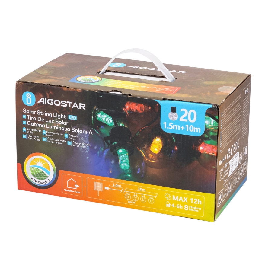 Aigostar - Catena di Natale solare a LED 20xLED/8 funzioni 11,5m IP65 multicolore