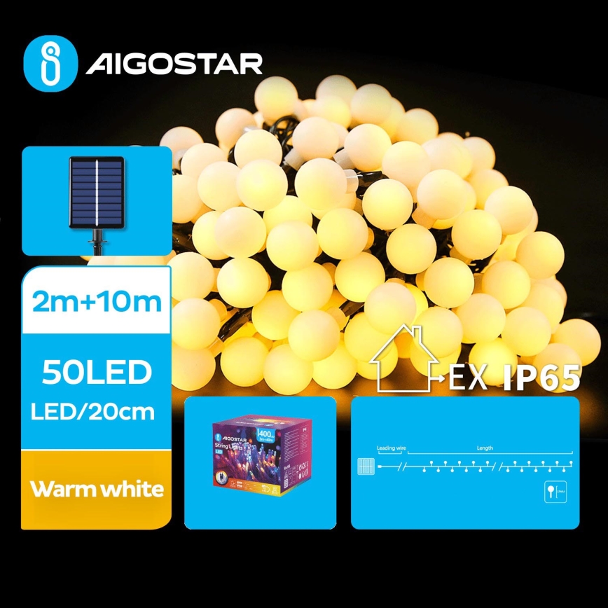 Aigostar - Catena di Natale solare a LED 50xLED/8 funzioni 12m IP65 bianco caldo