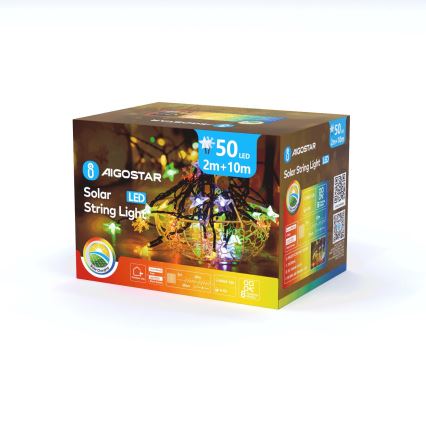 Aigostar - Catena di Natale solare a LED 50xLED/8 funzioni 800 mAh 12m IP65 multicolore