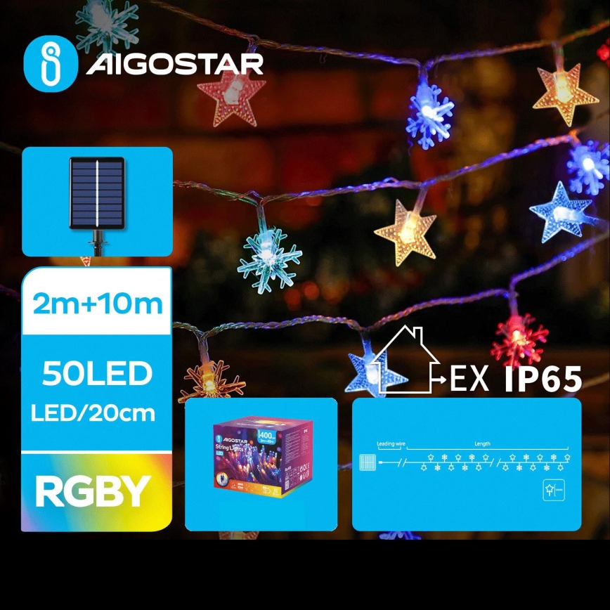 Aigostar - Catena di Natale solare a LED 50xLED/8 funzioni 800 mAh 12m IP65 multicolore