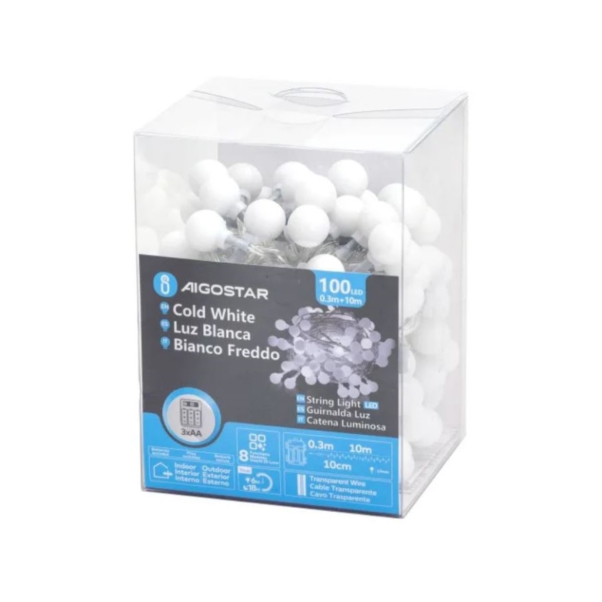 Aigostar - Catena LED natalizia da esterno 100xLED/3xAA/8 funzioni 10,3 m IP44 bianco freddo