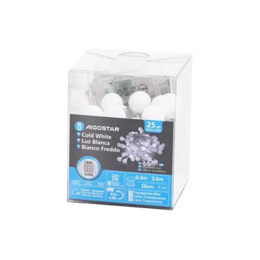 Aigostar - Catena LED natalizia da esterno 25xLED/3xAA/8 funzioni 2,8 m IP44 bianco freddo