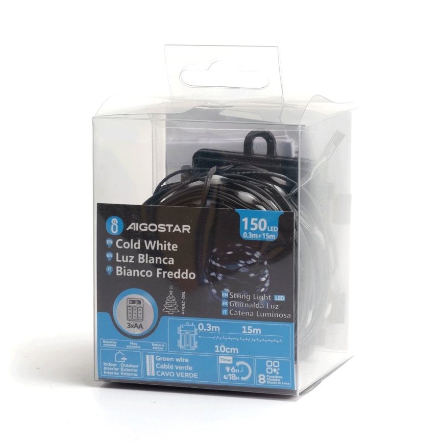 Aigostar - Catena luminosa LED da esterno per Natale 150xLED/8 funzioni/3xAA 15,3m IP44 bianco freddo